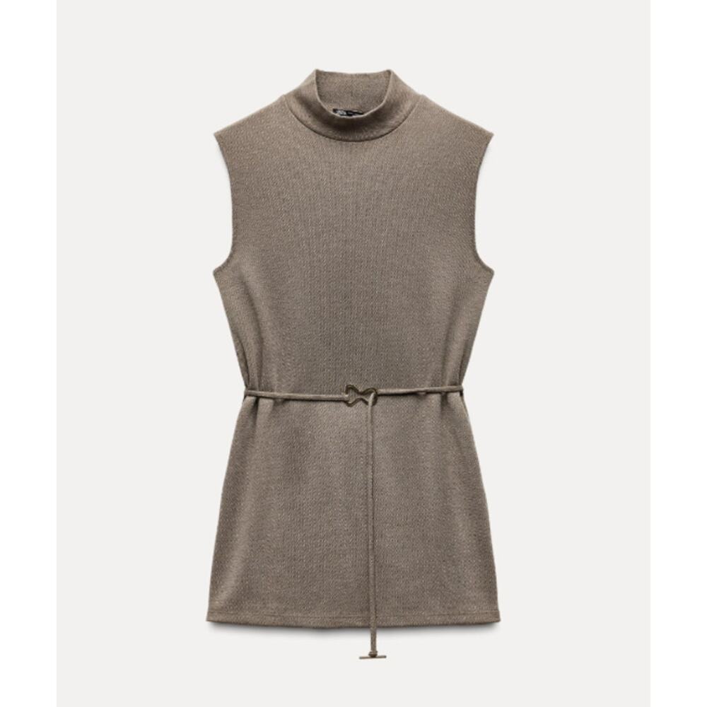 Zara Soft Pique High Neck Top Tan Taupe Sleeveless Size S - Picture 3 of 15